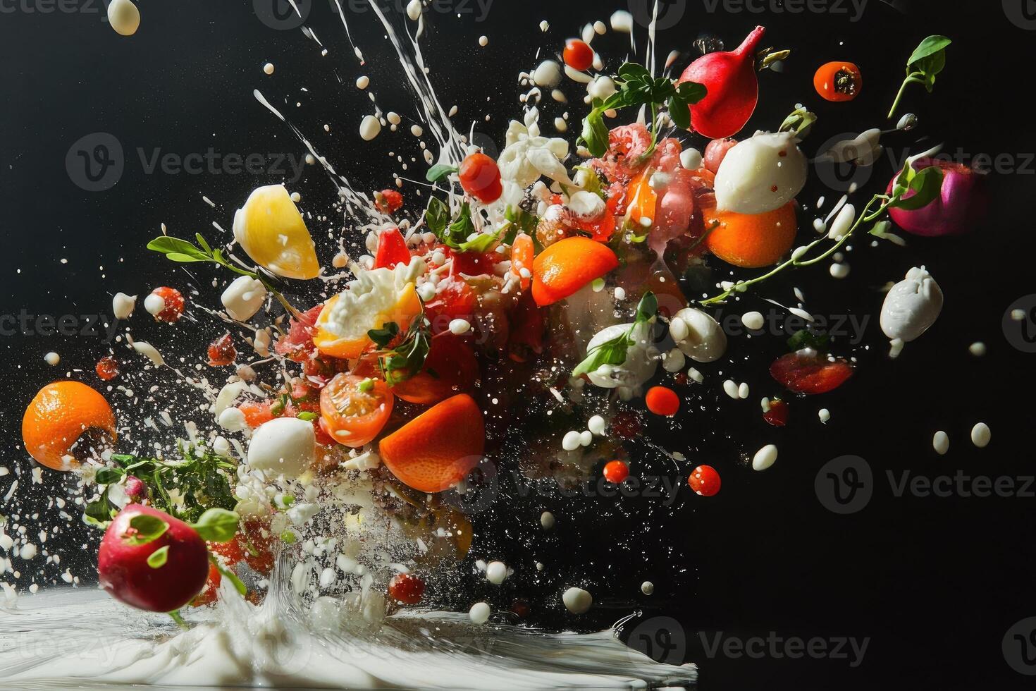 Fresh Fruits and Vegetables Exploding in Milk photo