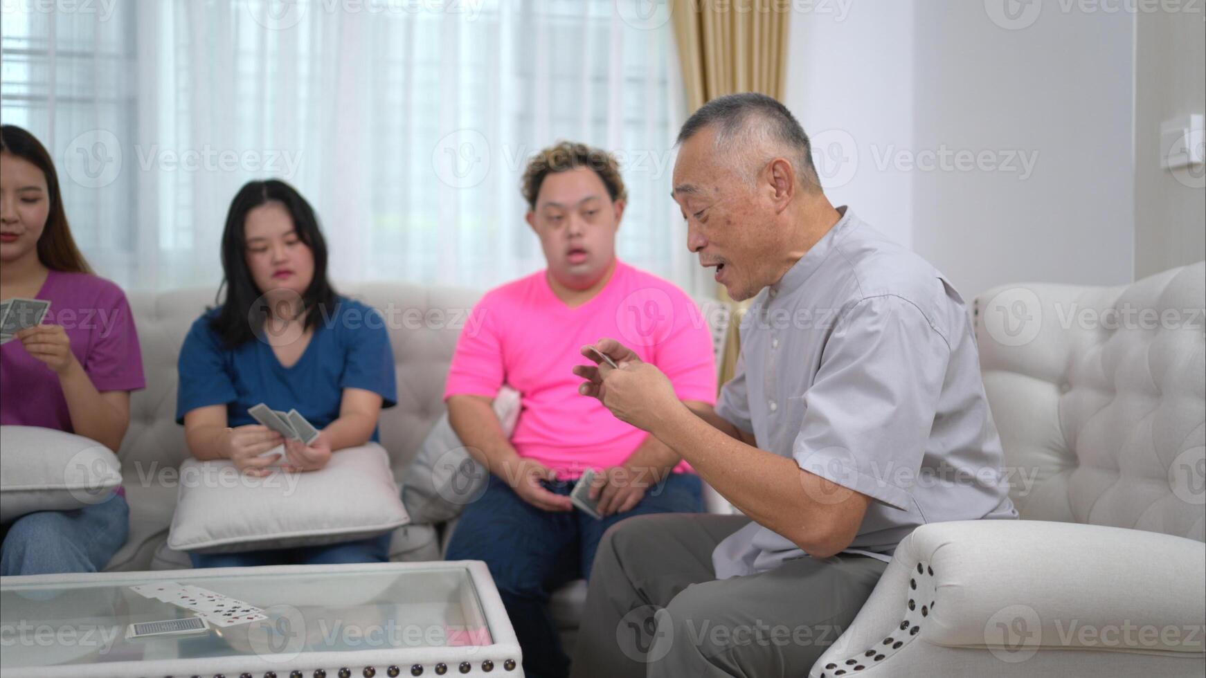 On their day off, A grandfather with grandchild relax and talking together in living room of home photo