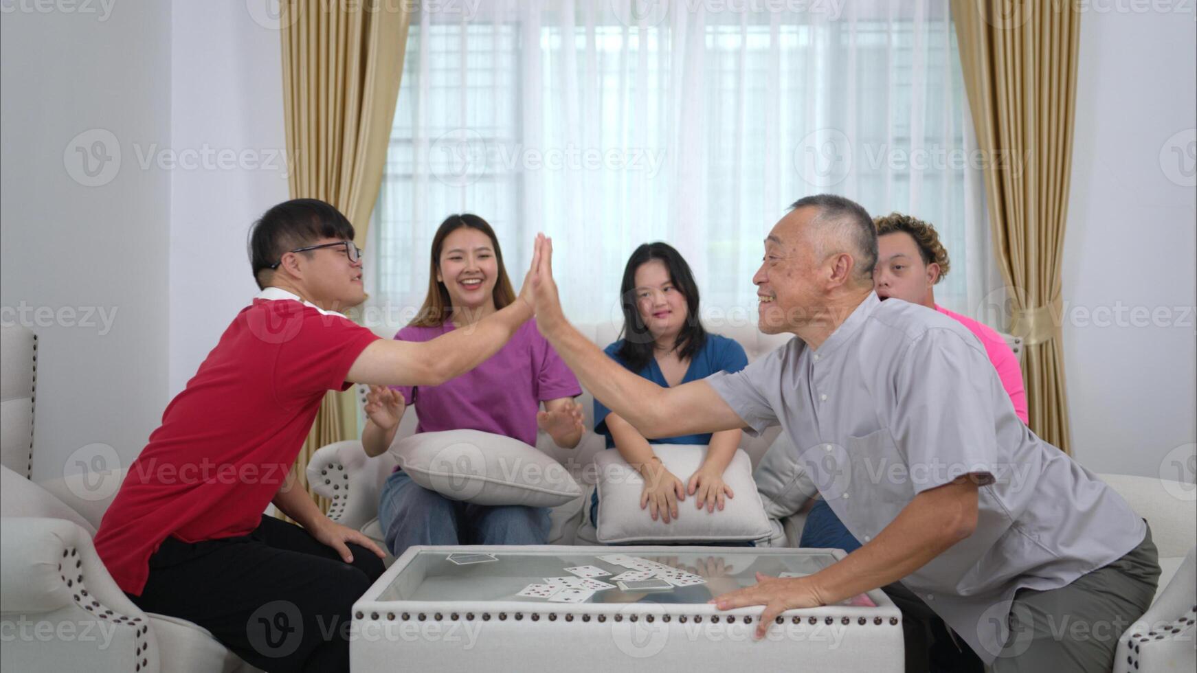 On their day off, A grandfather with grandchild relax and talking together in living room of home photo