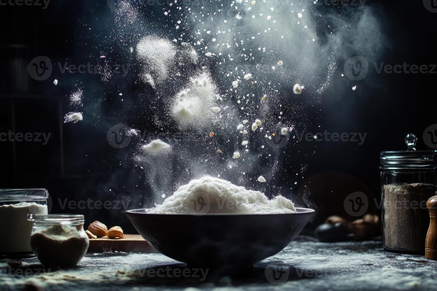 Flour Exploding From a Bowl on a Dark Background photo