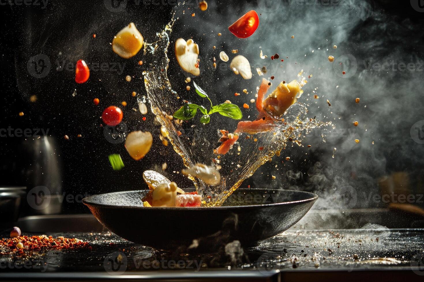 A bowl of ingredients exploding with smoke and water photo