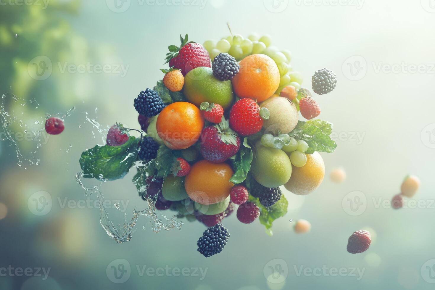 A Cluster of Fresh Fruit and Berries Suspended in Air with Water Splashes photo