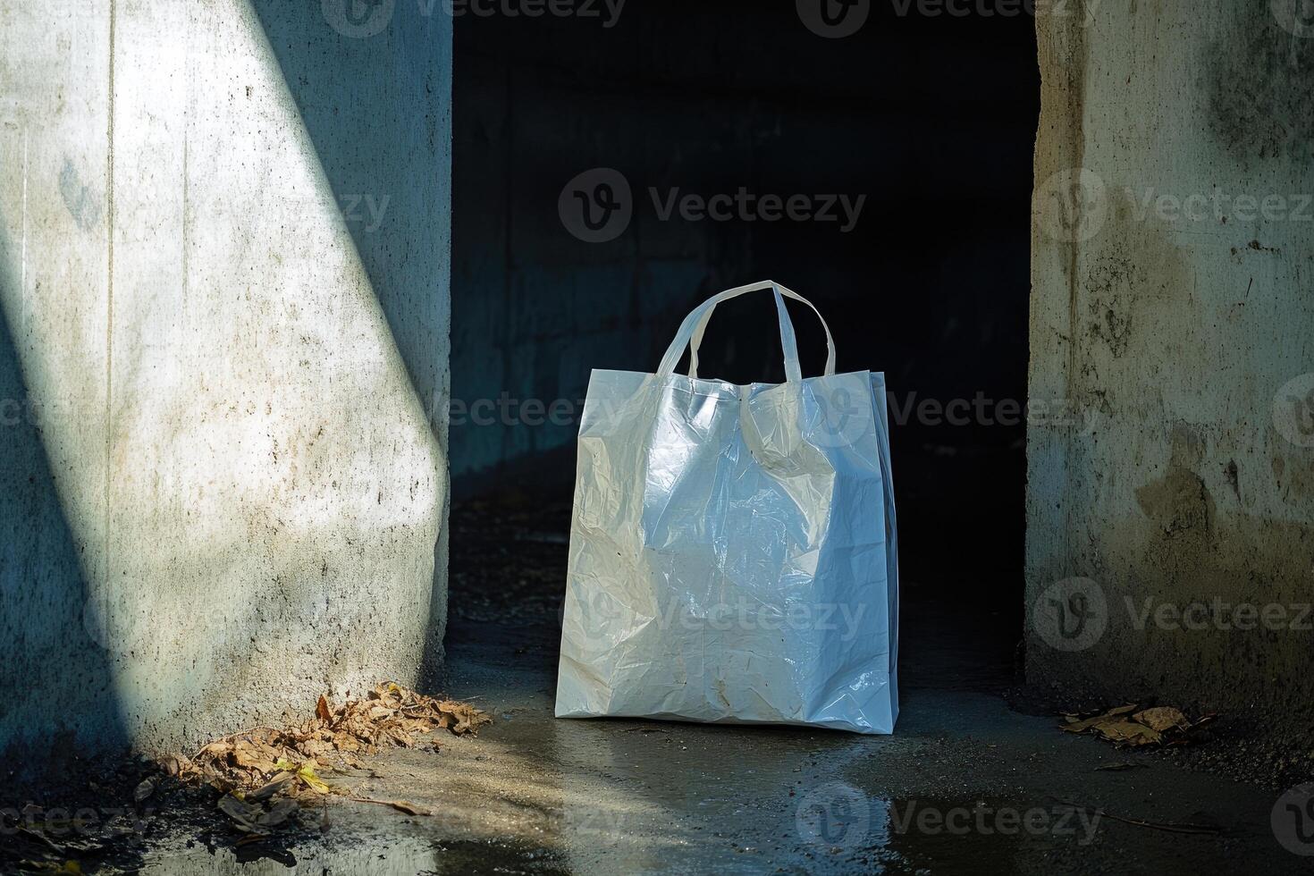 White Plastic Bag Abandoned in a Dark Alleyway photo