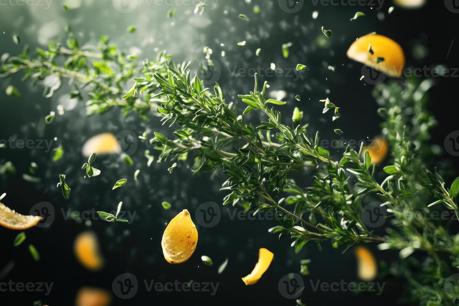 Thyme and Lemon Slices Falling Through the Air photo