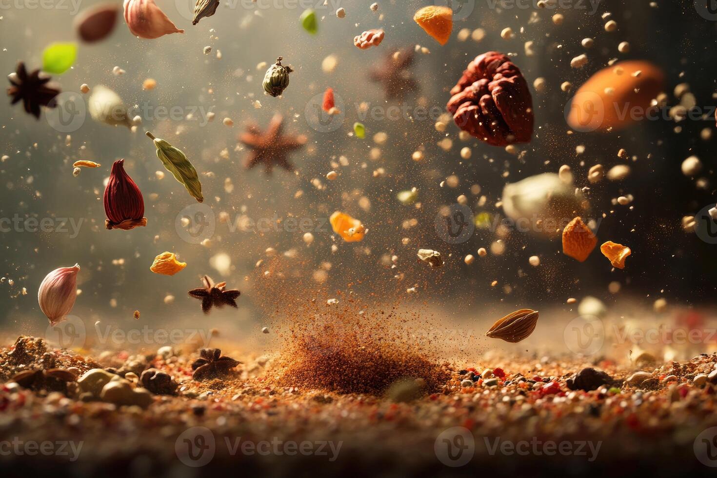Spices Falling onto a Bed of Ground Spices photo