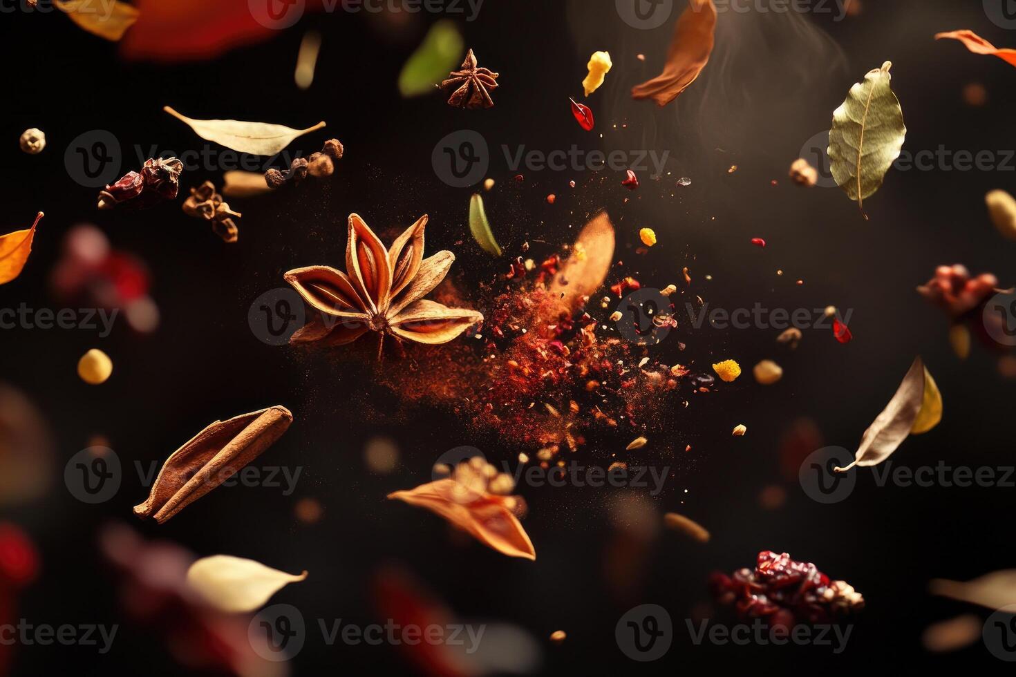 Aromatic Spices and Herbs Floating in Mid-Air with a Burst of Powder photo
