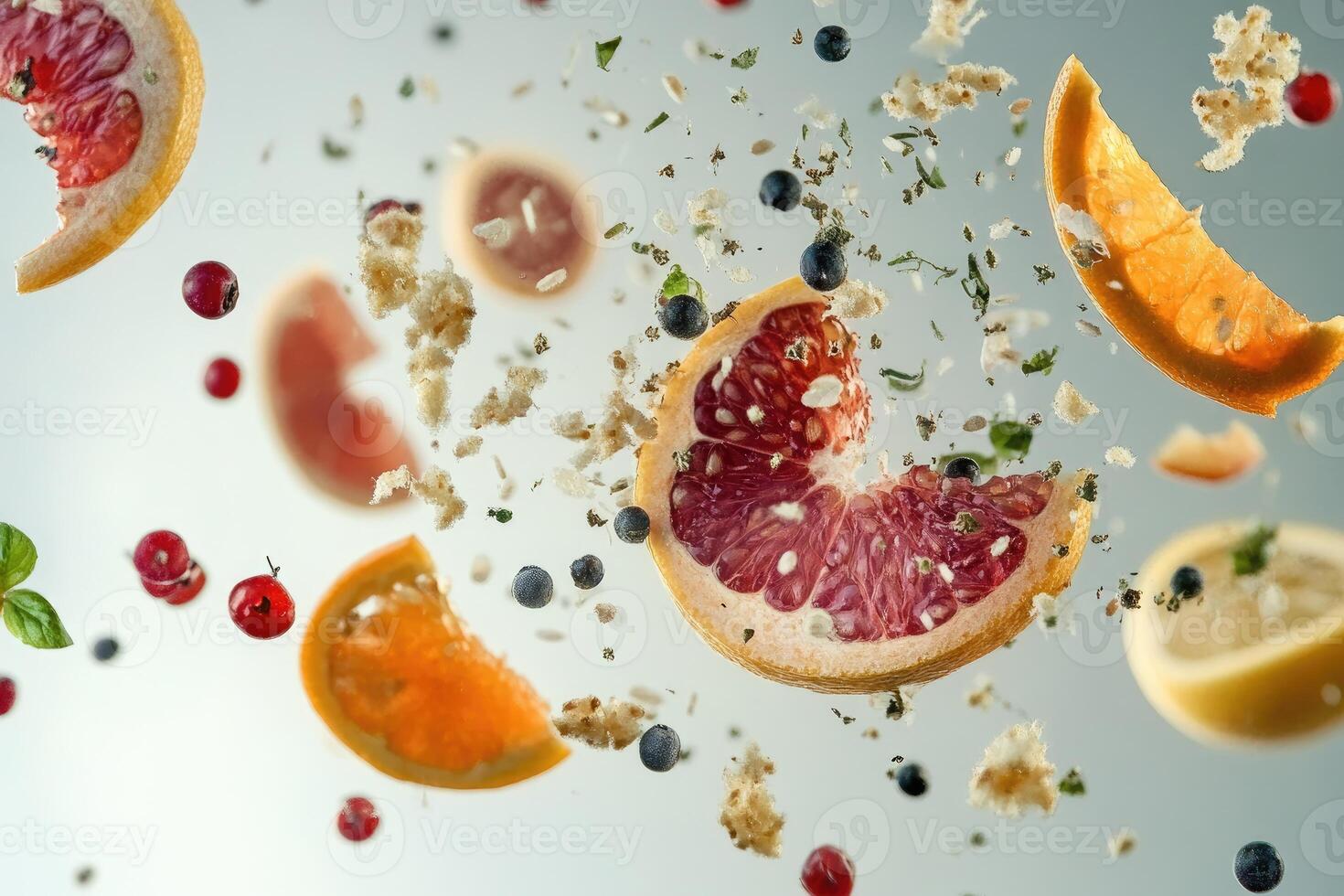 Floating Citrus Fruit Slices and Berries with Crumbs photo