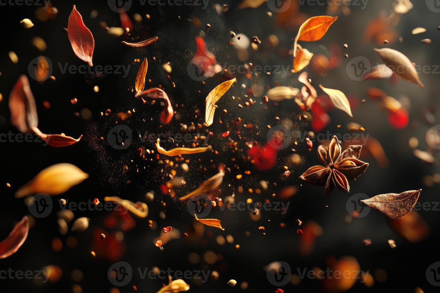 A Collection of Spices Falling Against a Dark Background photo