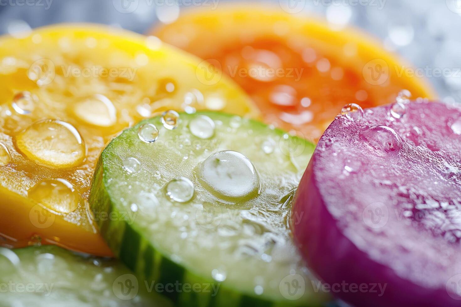 Macro View of Sliced Vegetables with Dew Drops photo