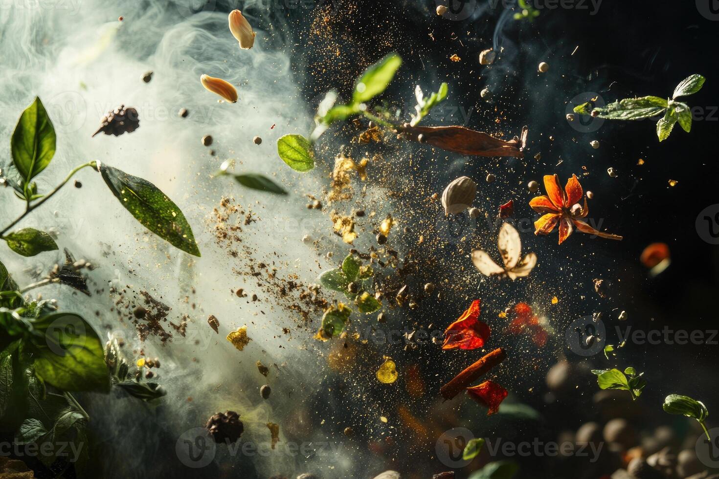Spices, Herbs, and Smoke Exploding in Mid-Air photo