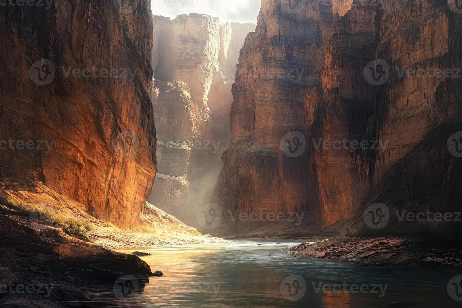 A River Flows Through a Narrow Canyon Formed by Tall Red Rock Cliffs photo