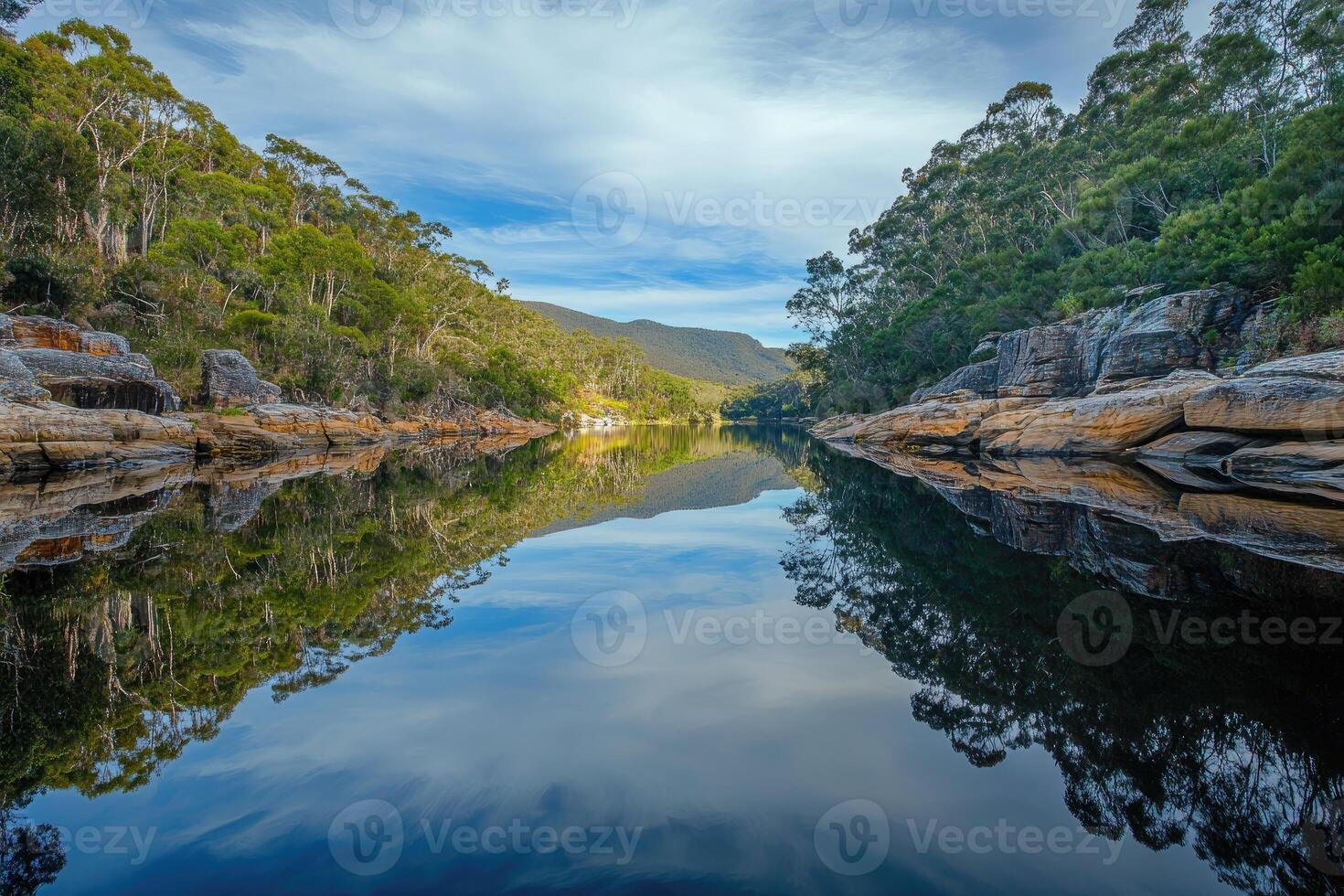 Tranquil River Reflecting Lush Green Foliage and a Cloudy Sky photo