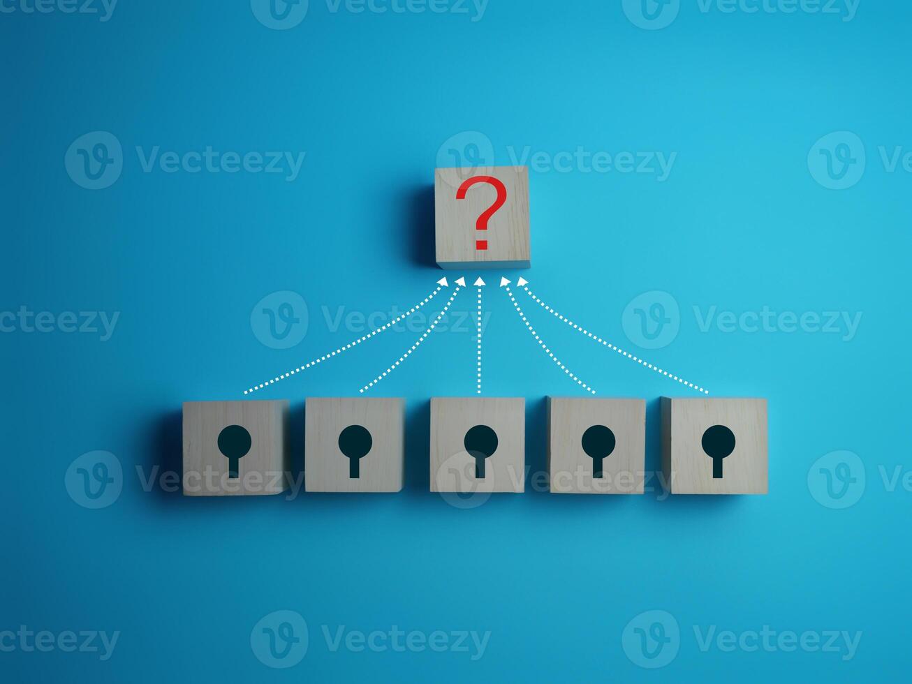 Question mark on wooden block and key to solve the puzzle photo