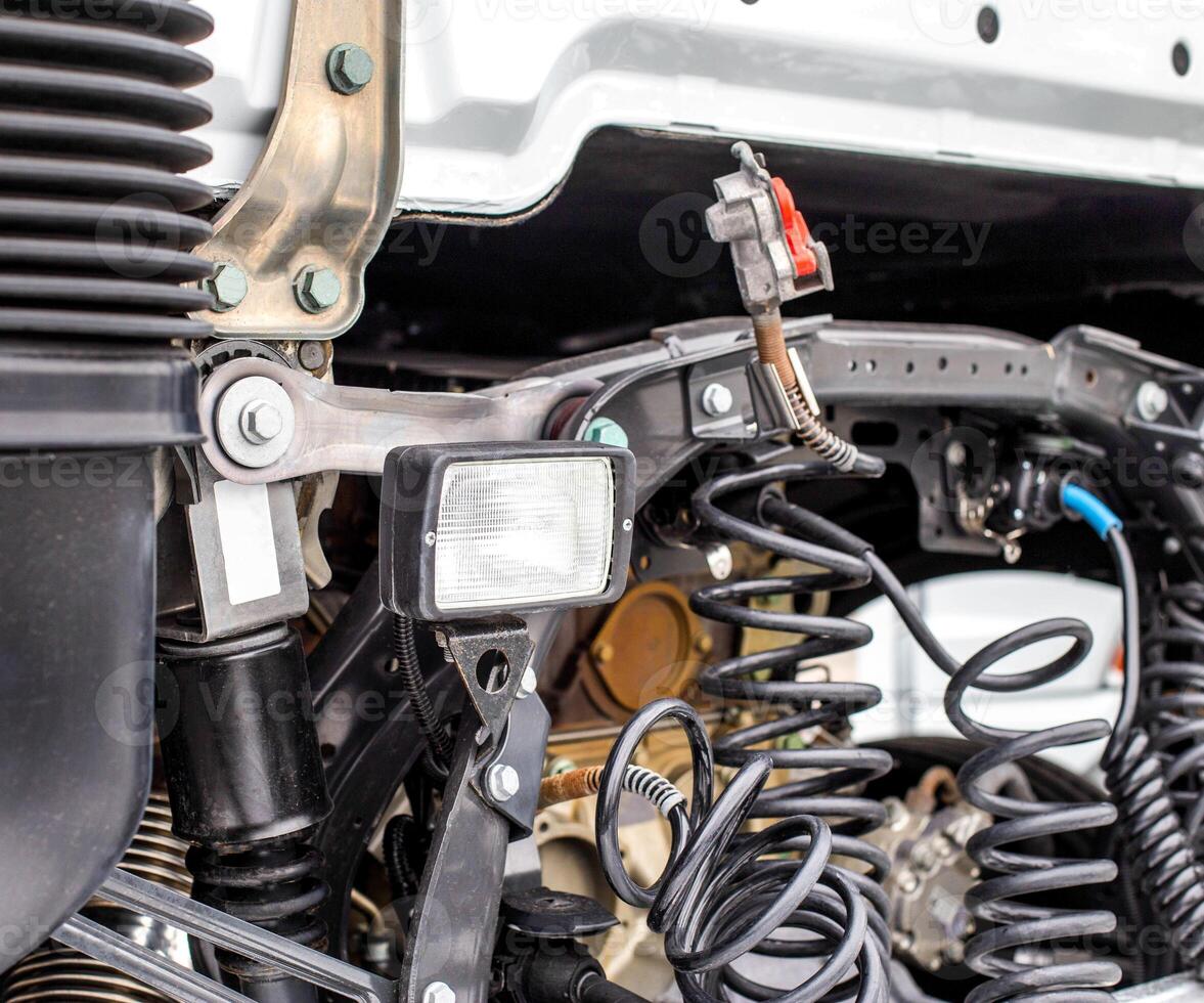 Rearview light on a truck for lighting. Air hoses, industry, transportation photo