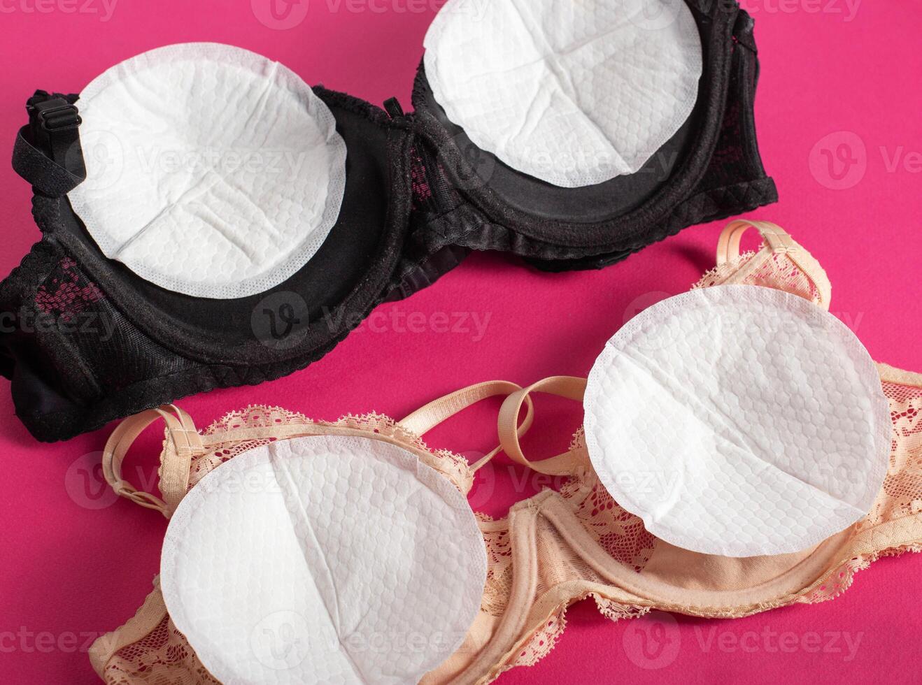 Women's bras with inserts against the flow of milk from a nursing mother. Protection against leakage of colostrum, close-up photo
