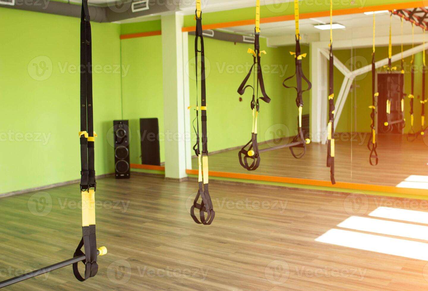 Modern fitness room for practicing hinges on the loops for strengthening the muscular corset and burning calories, copy space photo