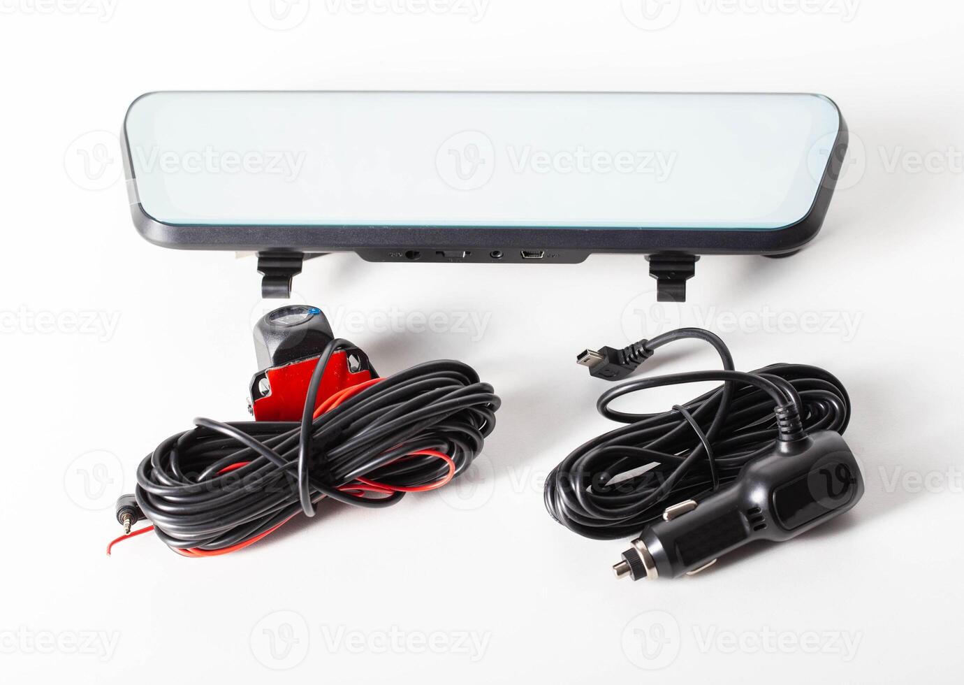 Car mirror with rear view camera and recorder on a white background, isolate, close-up photo