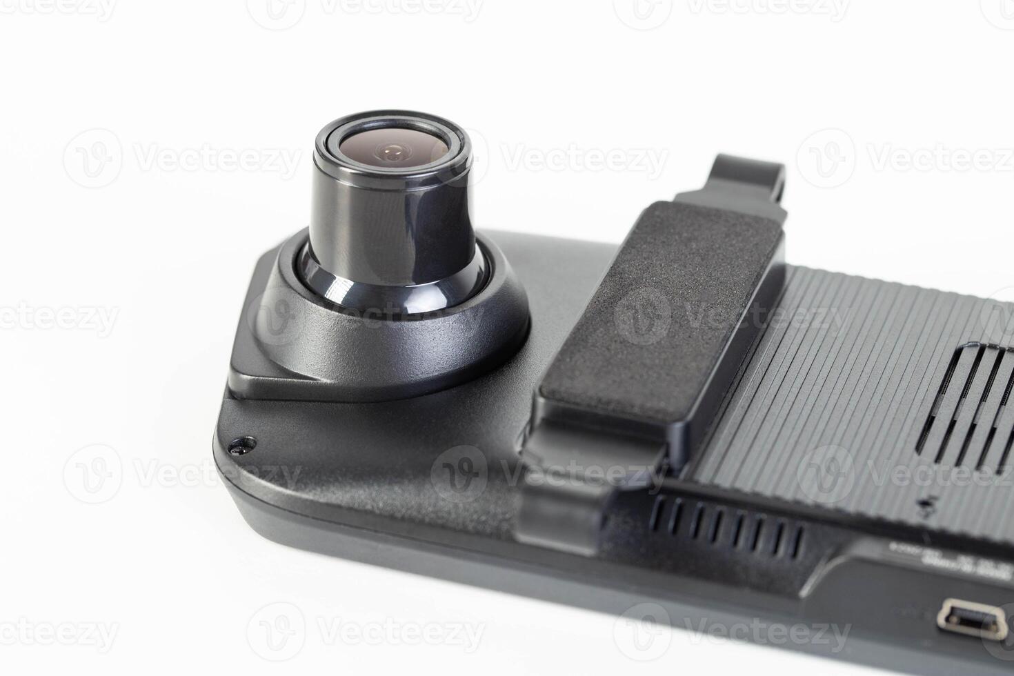 Car mirror with rear view camera and recorder on a white background, isolate, close-up photo