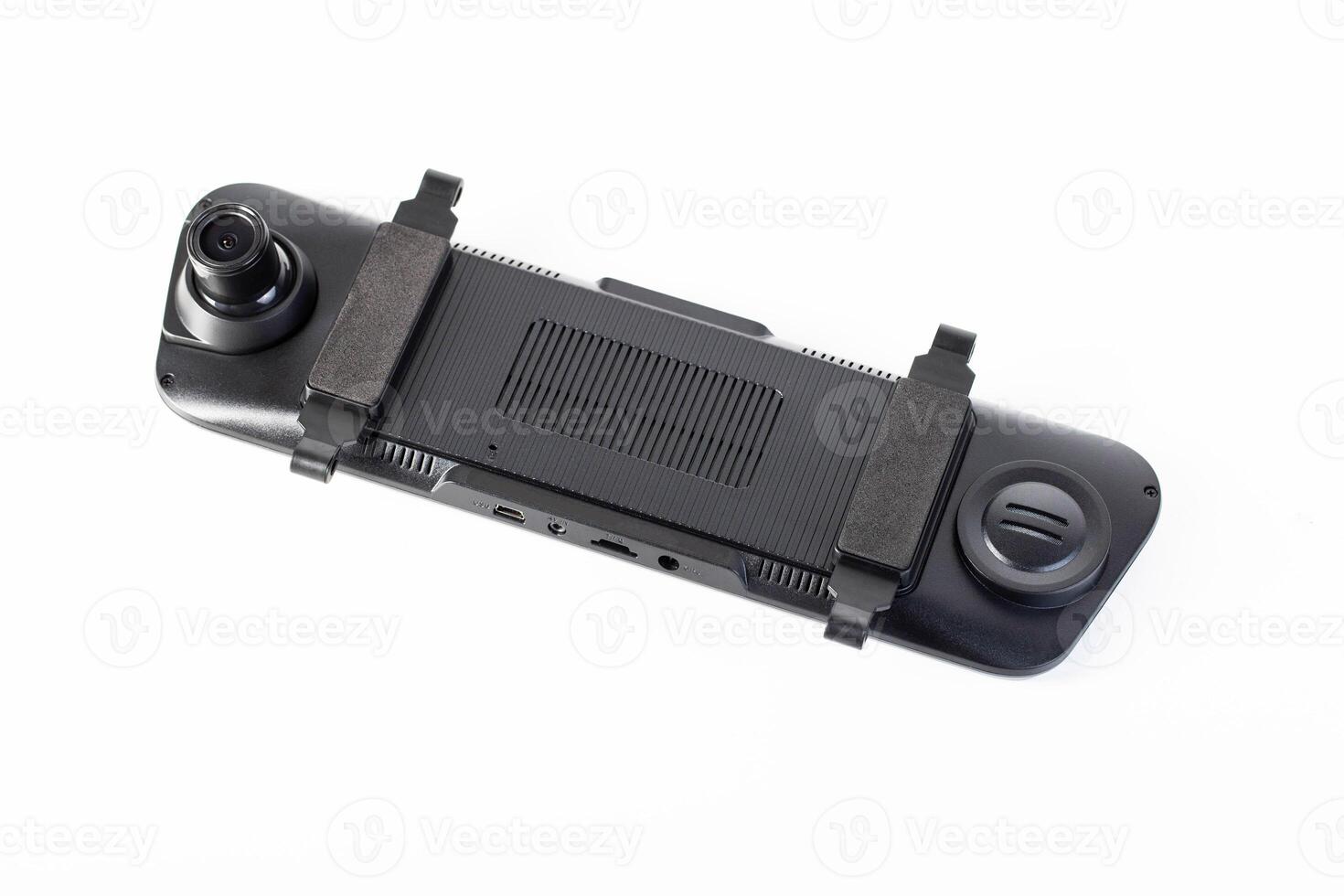 Car mirror with rear view camera and recorder on a white background, isolate, close-up photo