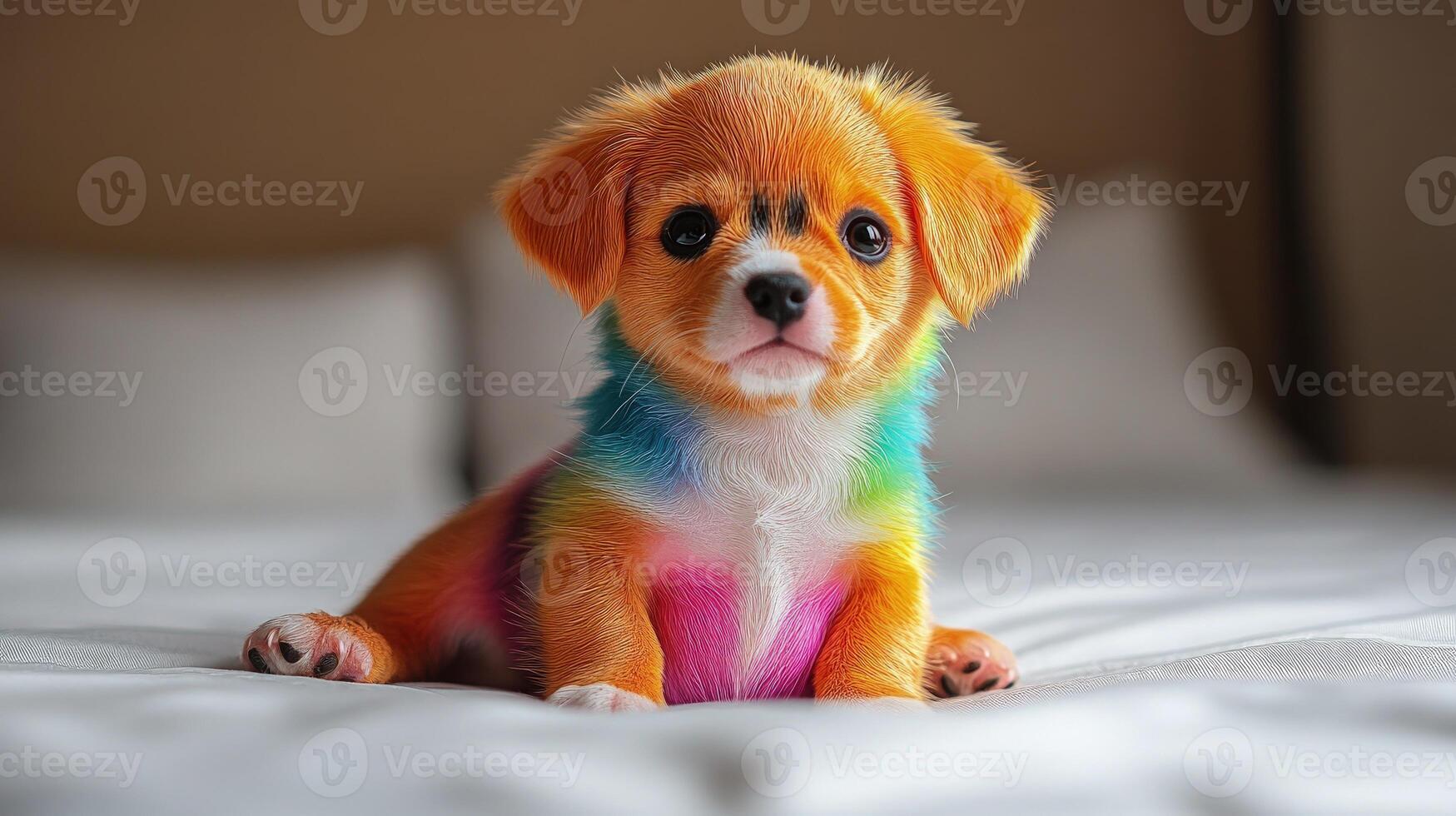 A charming rainbow-furred puppy sits on a soft bed, radiating joy in a peaceful setting photo