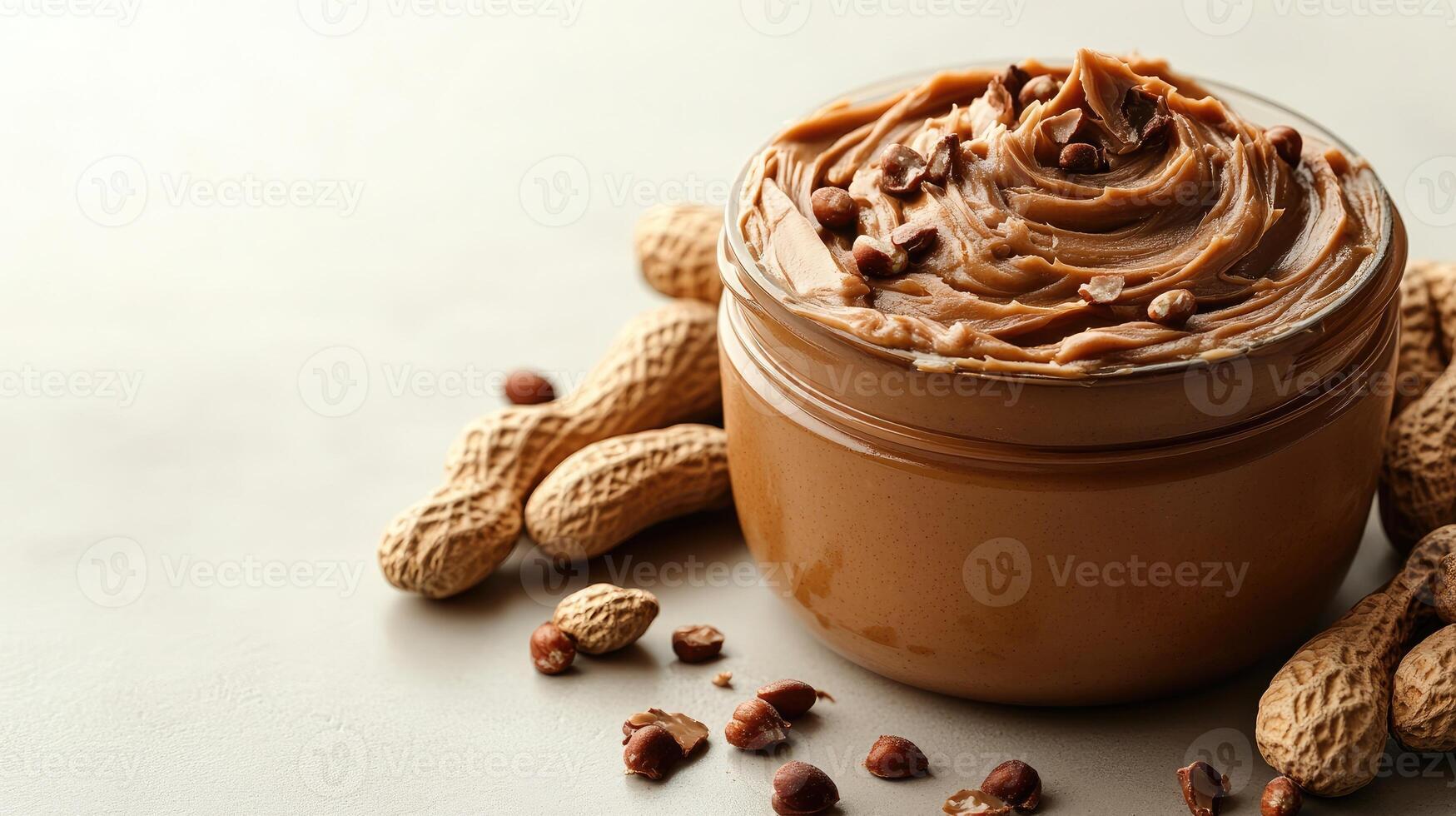 Spoonfuls of creamy peanut butter await indulgence beside crunchy peanuts and chocolate morsels photo
