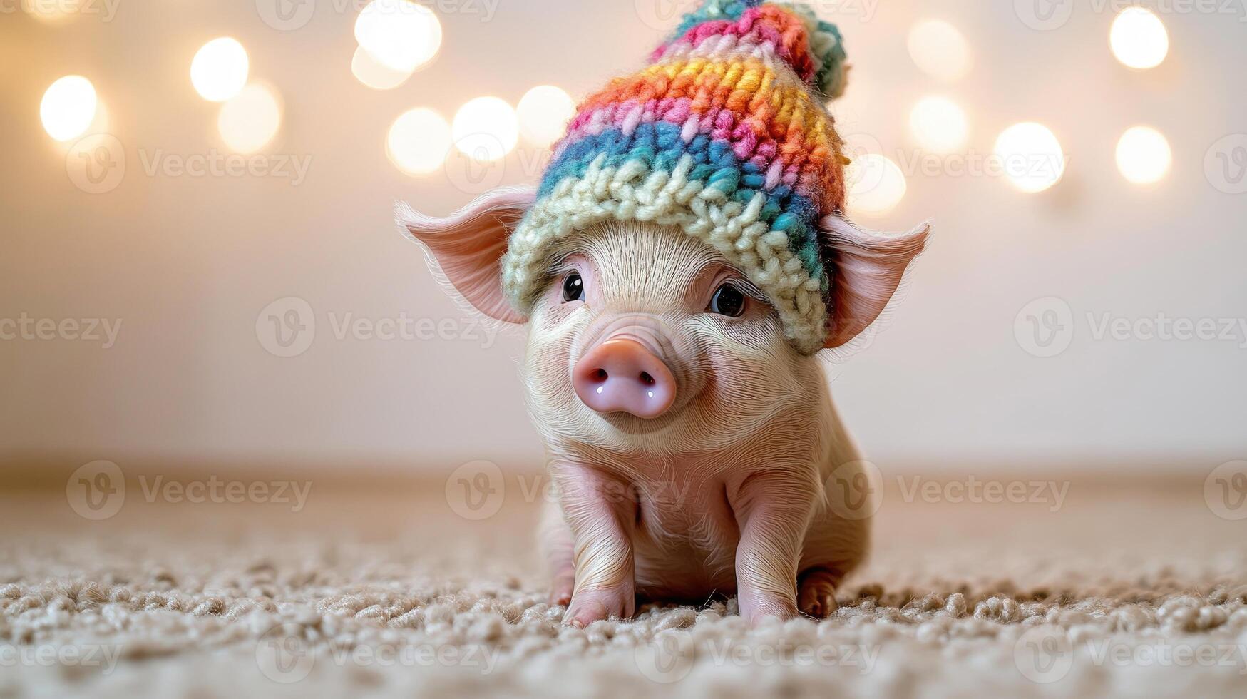 A charming piglet sporting a rainbow hat sits on a soft surface surrounded by glowing lights photo