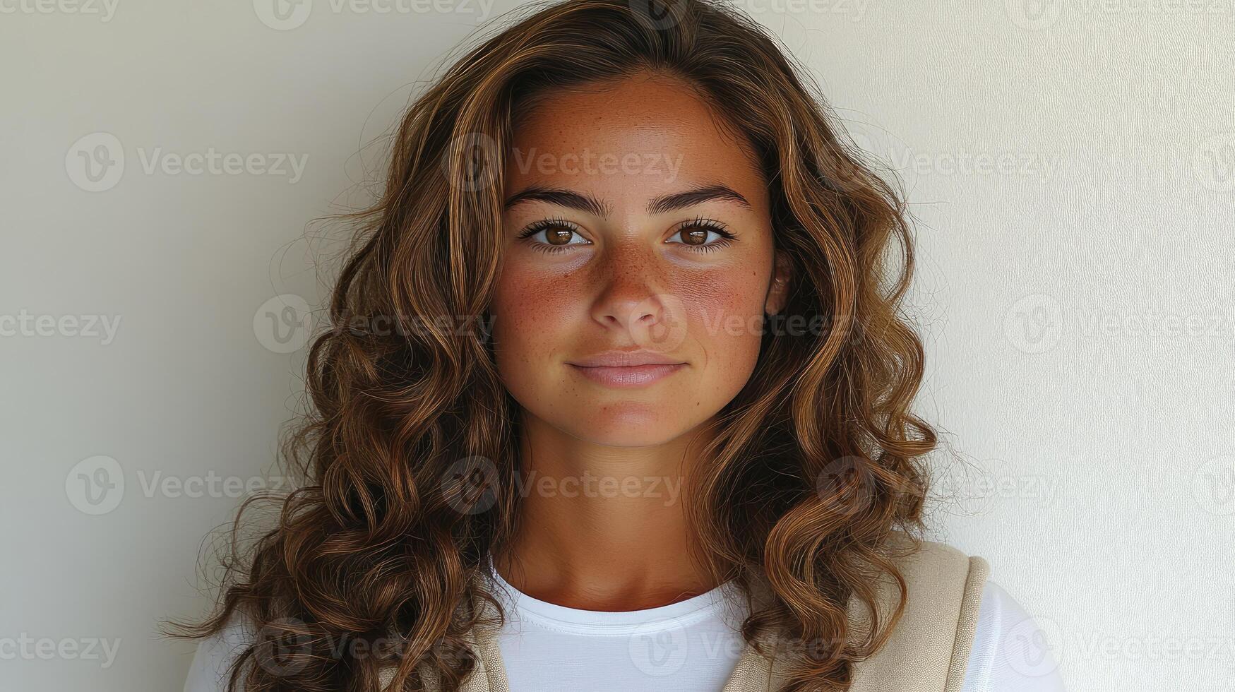 A confident young woman with curly hair shines in a simple, elegant setting photo