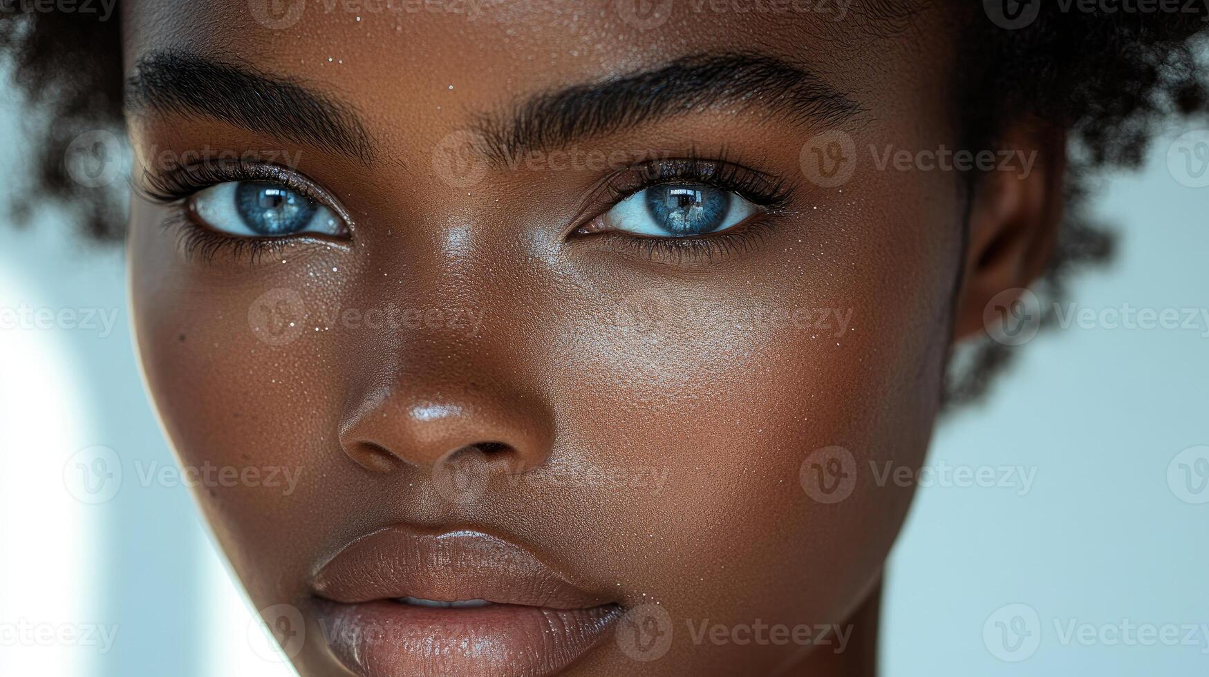 A model showcases mesmerizing blue eyes and glowing skin, illuminated by gentle sunlight photo
