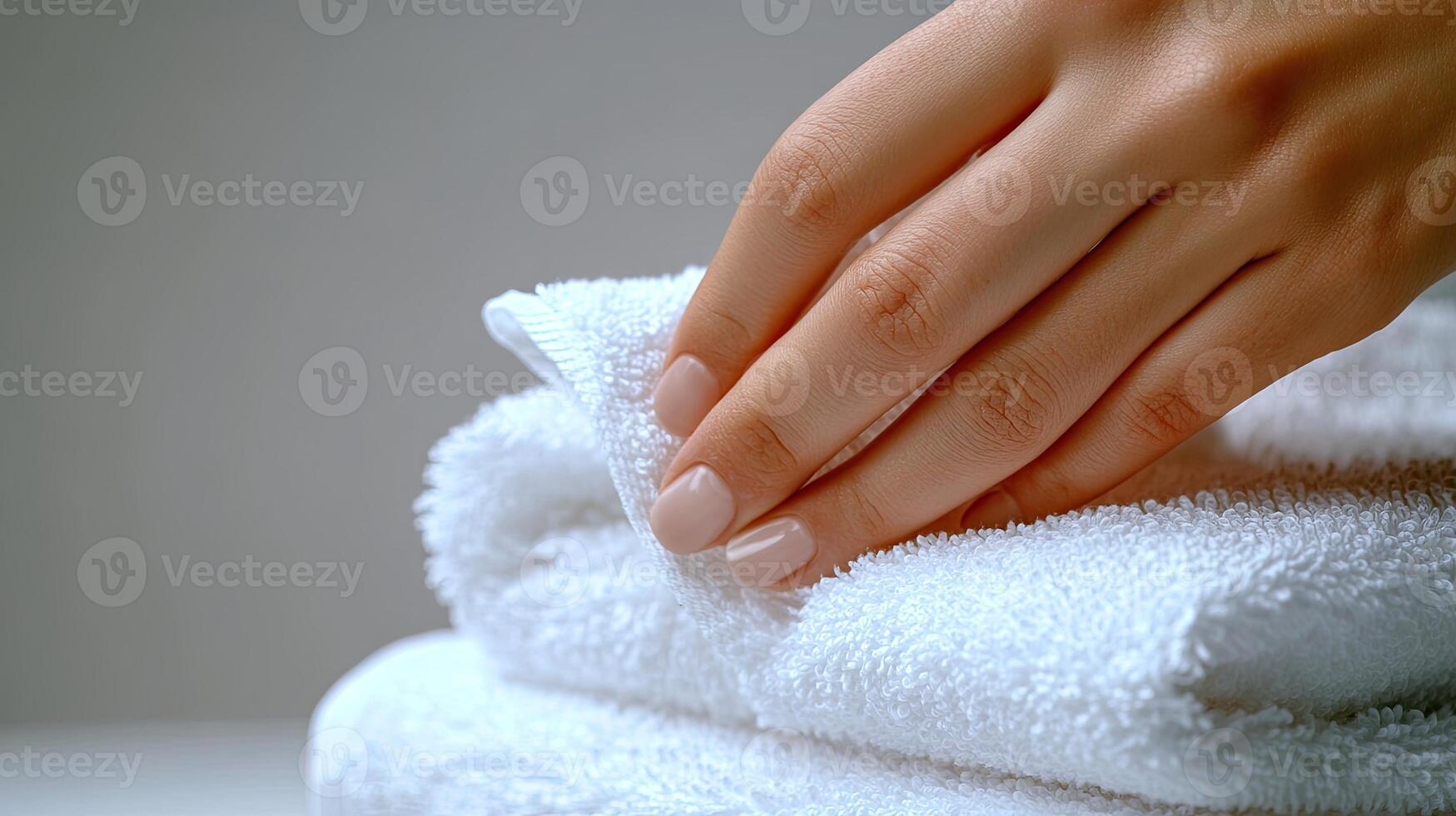 A gentle hand glides over freshly folded white towels, showcasing tranquility and cleanliness photo