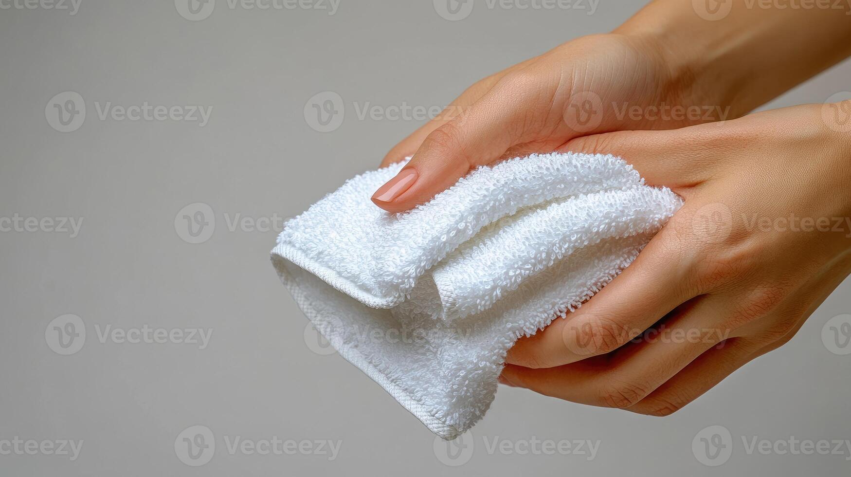 Soft hands prepare a fluffy towel, ready for a refreshing touch after a soothing shower photo
