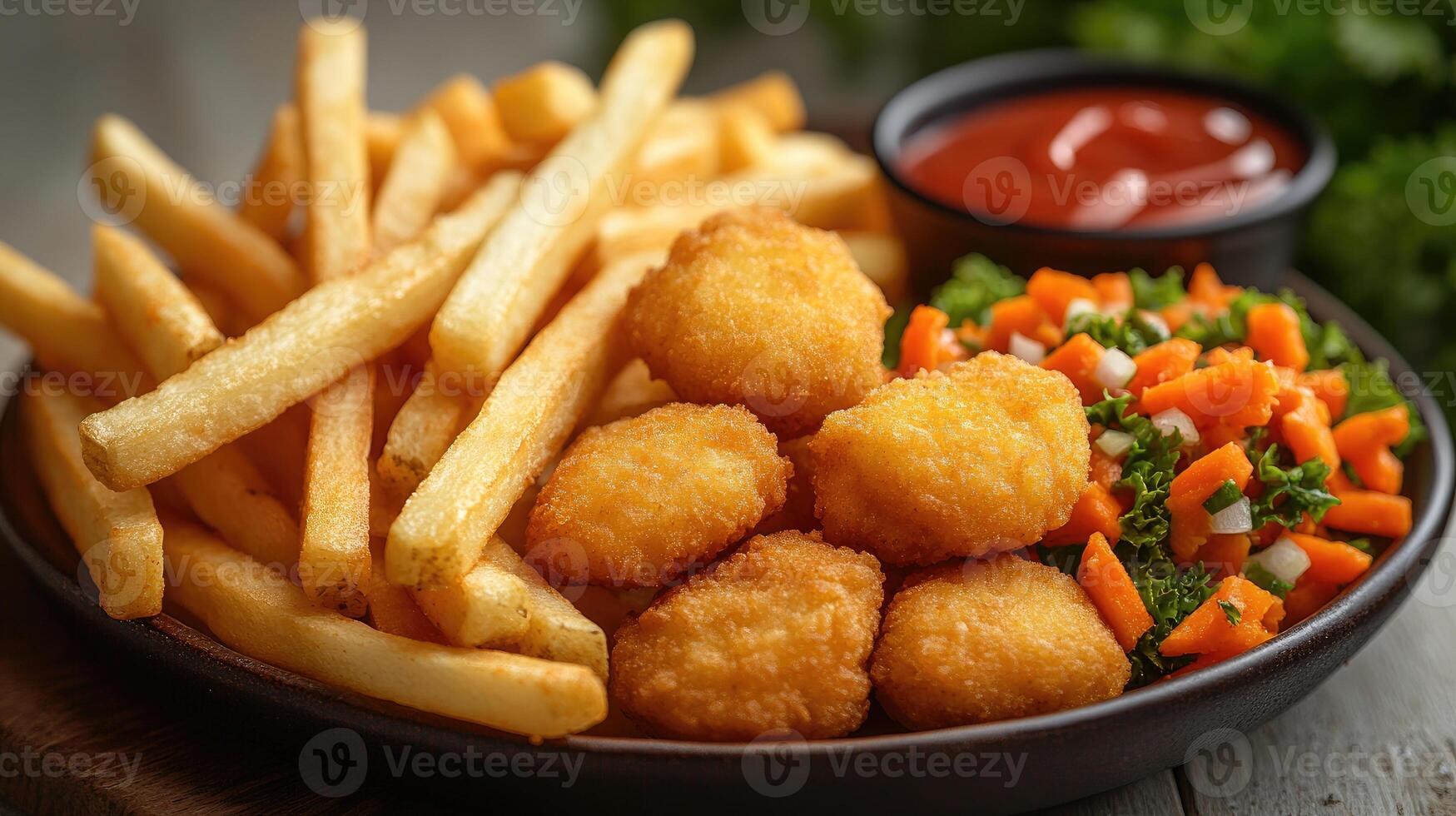Crispy fried nuggets accompany golden fries and a vibrant vegetable salad, served at mealtime photo