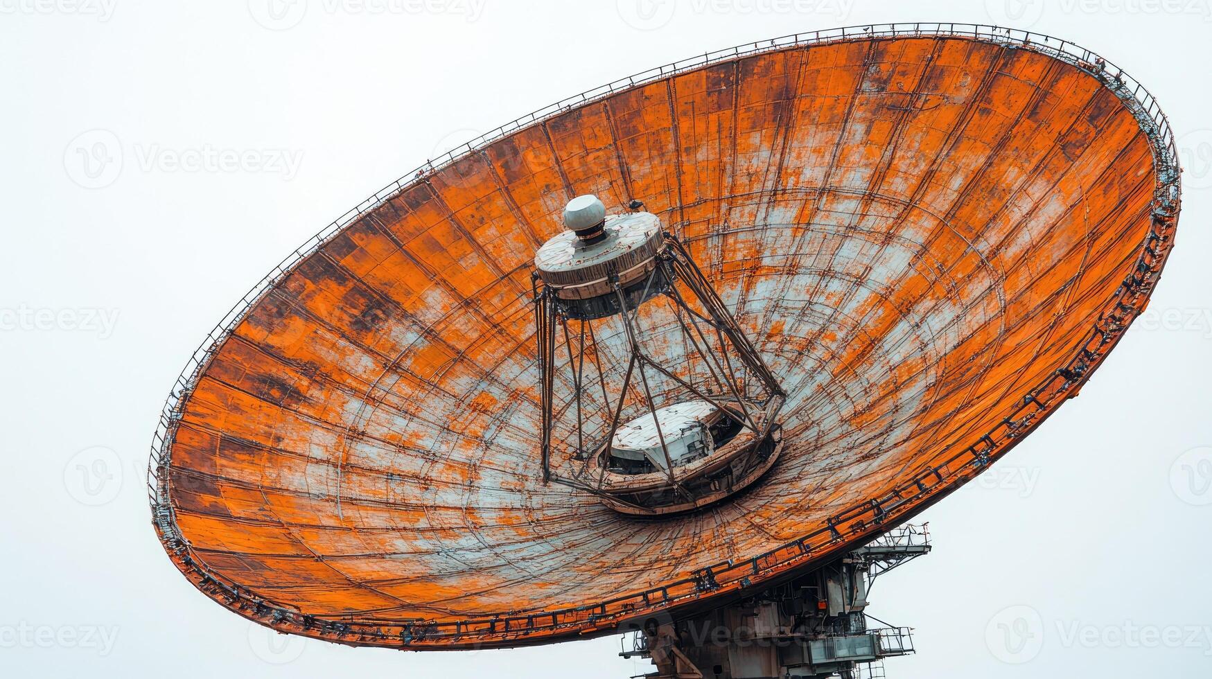 A large, rusted satellite dish looms in the fog, revealing its intricate structure photo
