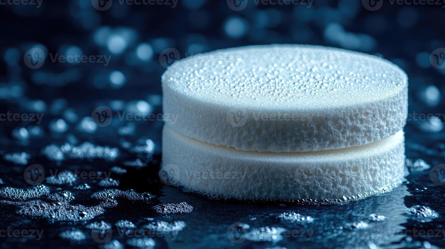 A soft white tablet rests on a reflective surface, glistening with water droplets photo