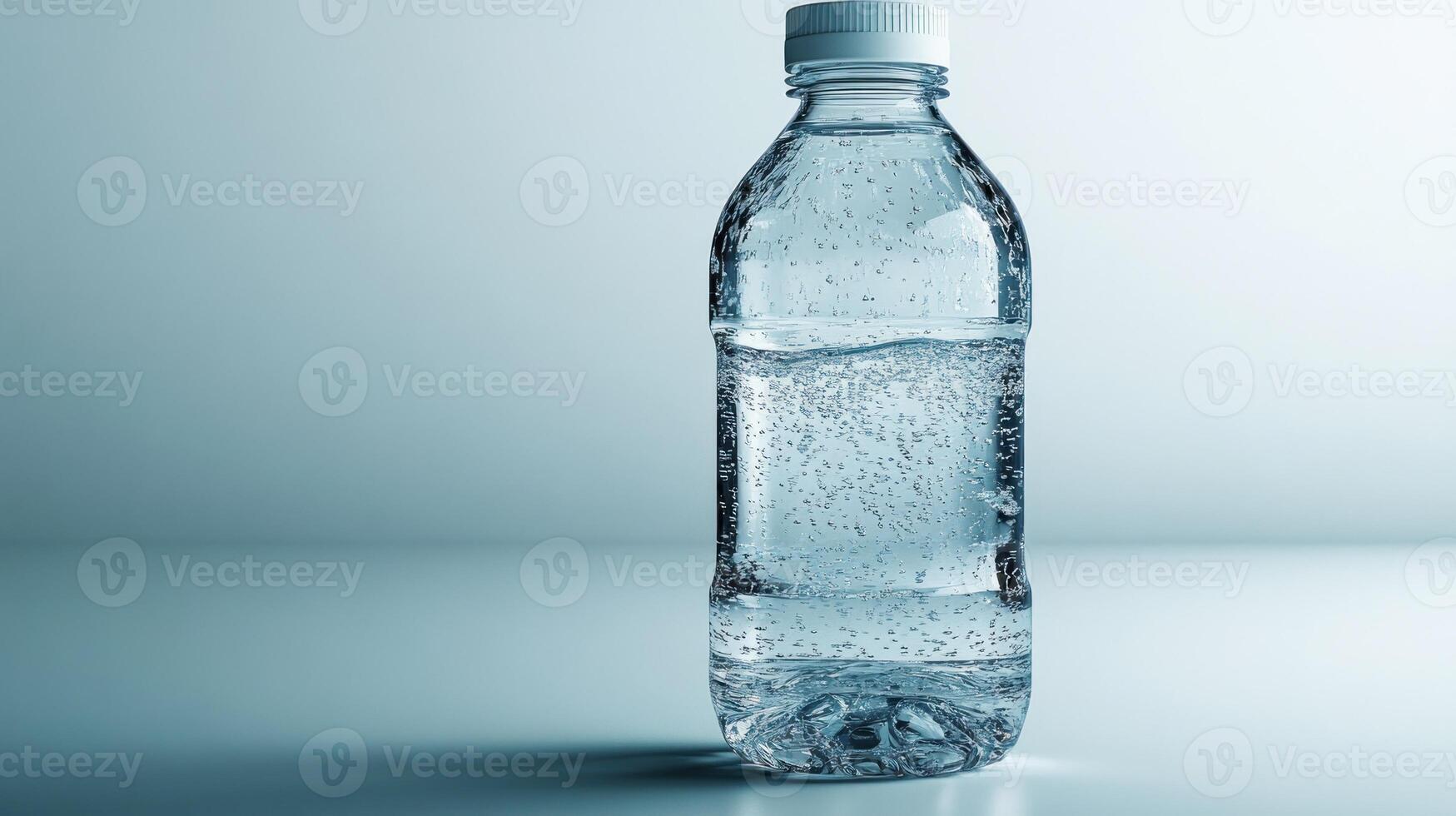 Refreshing clear water bottle with bubbles on a serene background highlighting purity photo