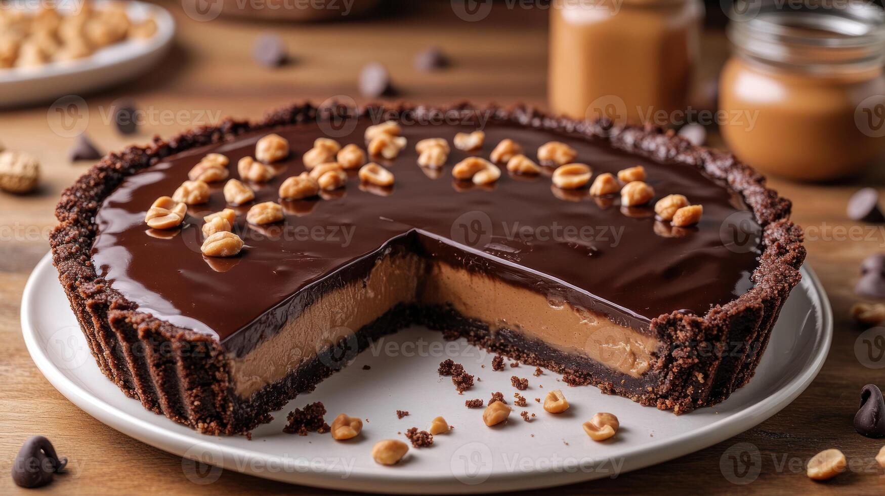 Indulgent chocolate peanut butter tart garnished with crunchy roasted nuts photo