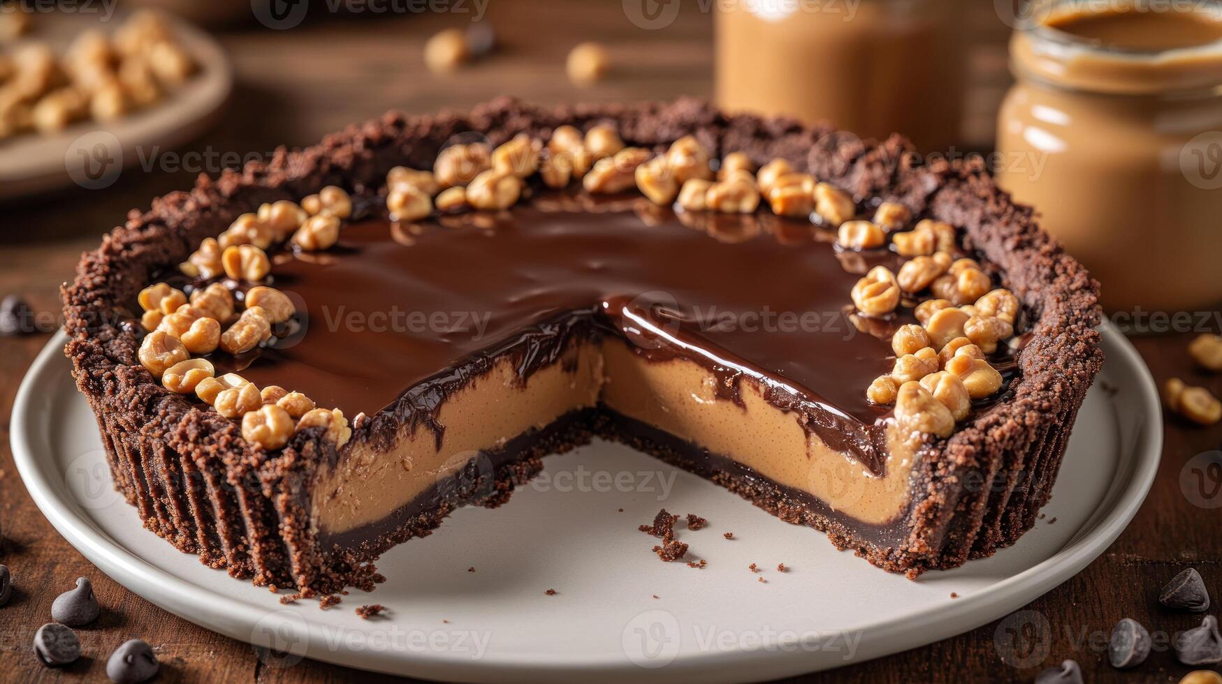 Delicious dessert features layers of chocolate and caramel in a rustic kitchen setting photo