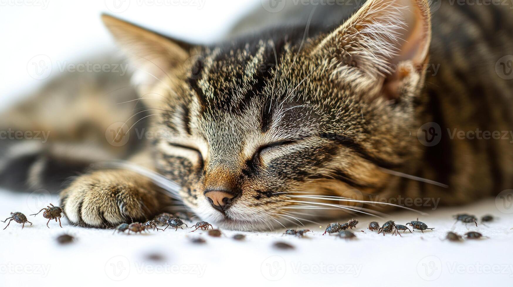 Playful cat naps peacefully, surrounded by tiny creatures in soft natural light photo