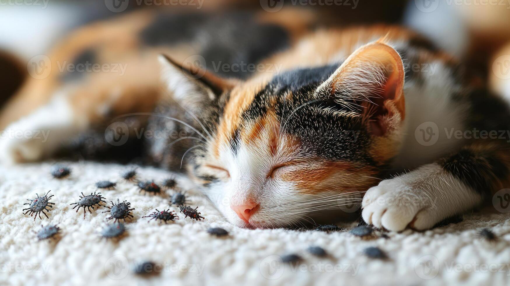 Calico cat peacefully sleeping among tiny bugs on a cozy blanket in bright morning light photo