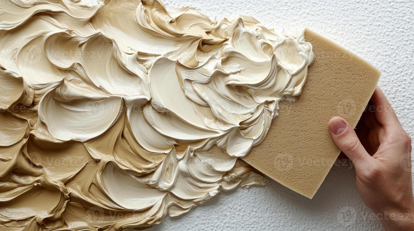 Creating textured wall art with a sponge and decorative plaster in natural light photo