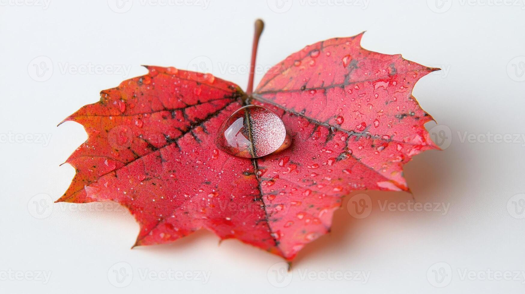Vibrant red maple leaf adorned with droplets capturing autumn's beauty photo
