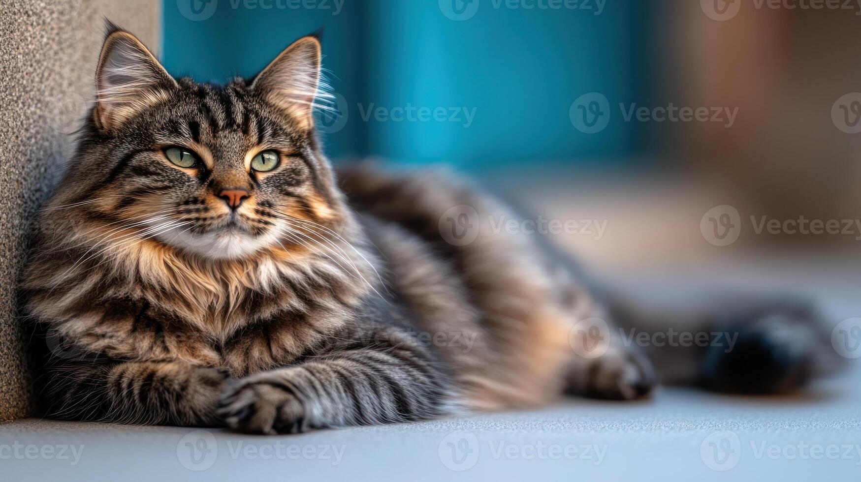 Majestic feline lounging peacefully in the warm afternoon light by a colorful backdrop photo
