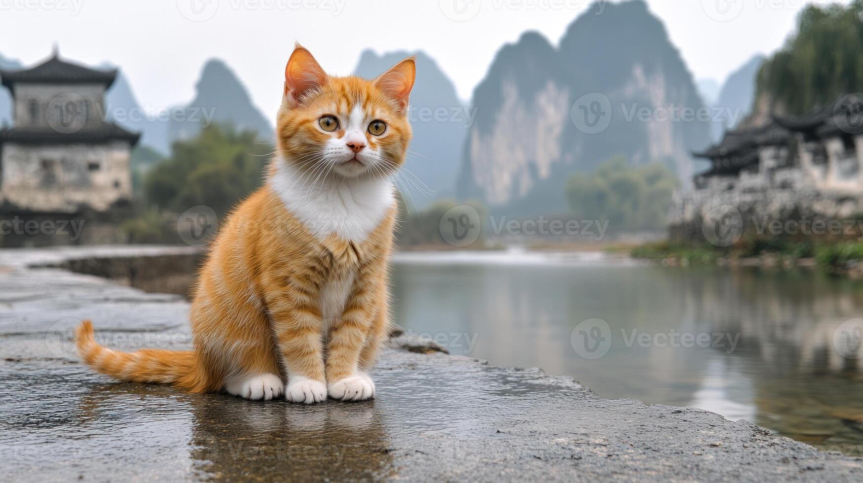 Playful ginger cat explores tranquil riverside village surrounded by misty mountains photo