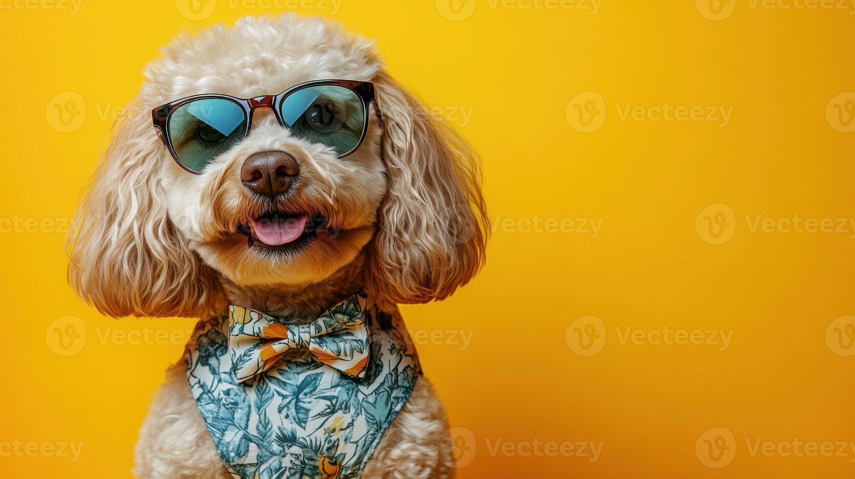 Playful dog wearing sunglasses and a bowtie against a vibrant yellow backdrop photo
