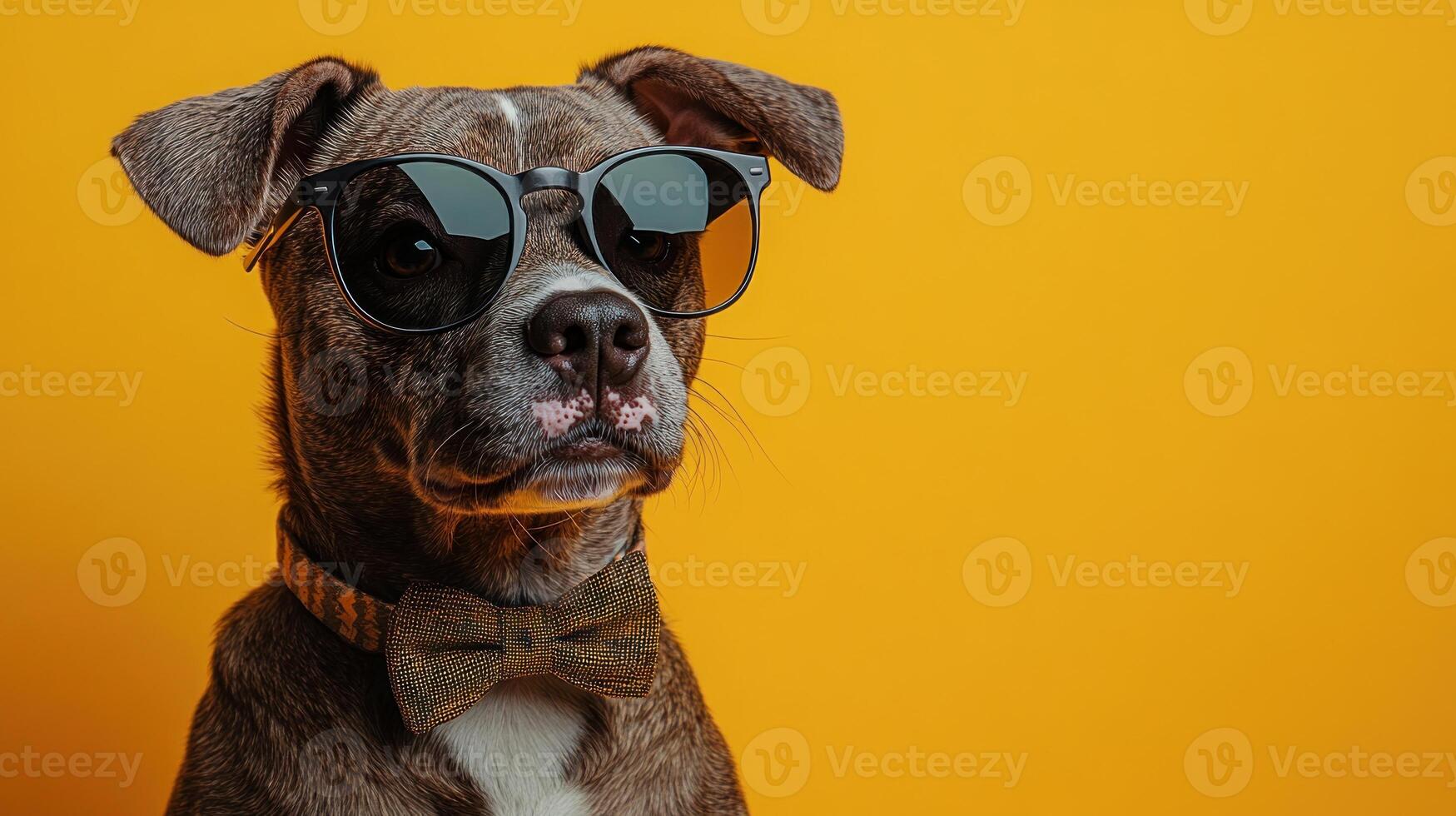 Stylish dog wearing sunglasses and a bow tie poses against a vibrant yellow background photo