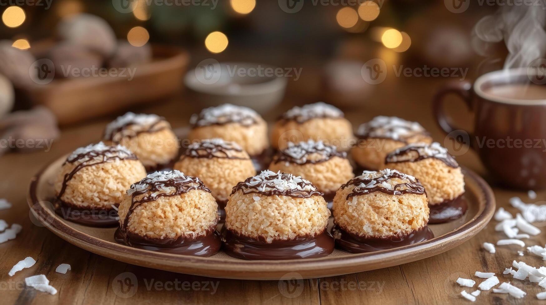 Delightful coconut macaroons with chocolate drizzle and warm cocoa in a cozy setting photo