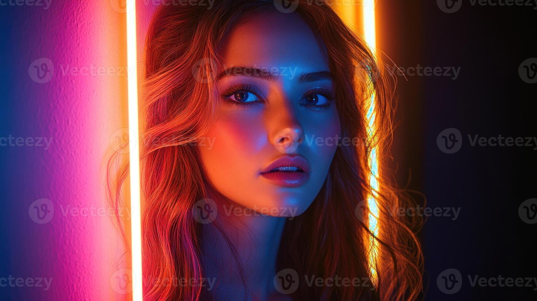 Striking portrait of a woman illuminated by vibrant neon lights in a dark setting photo