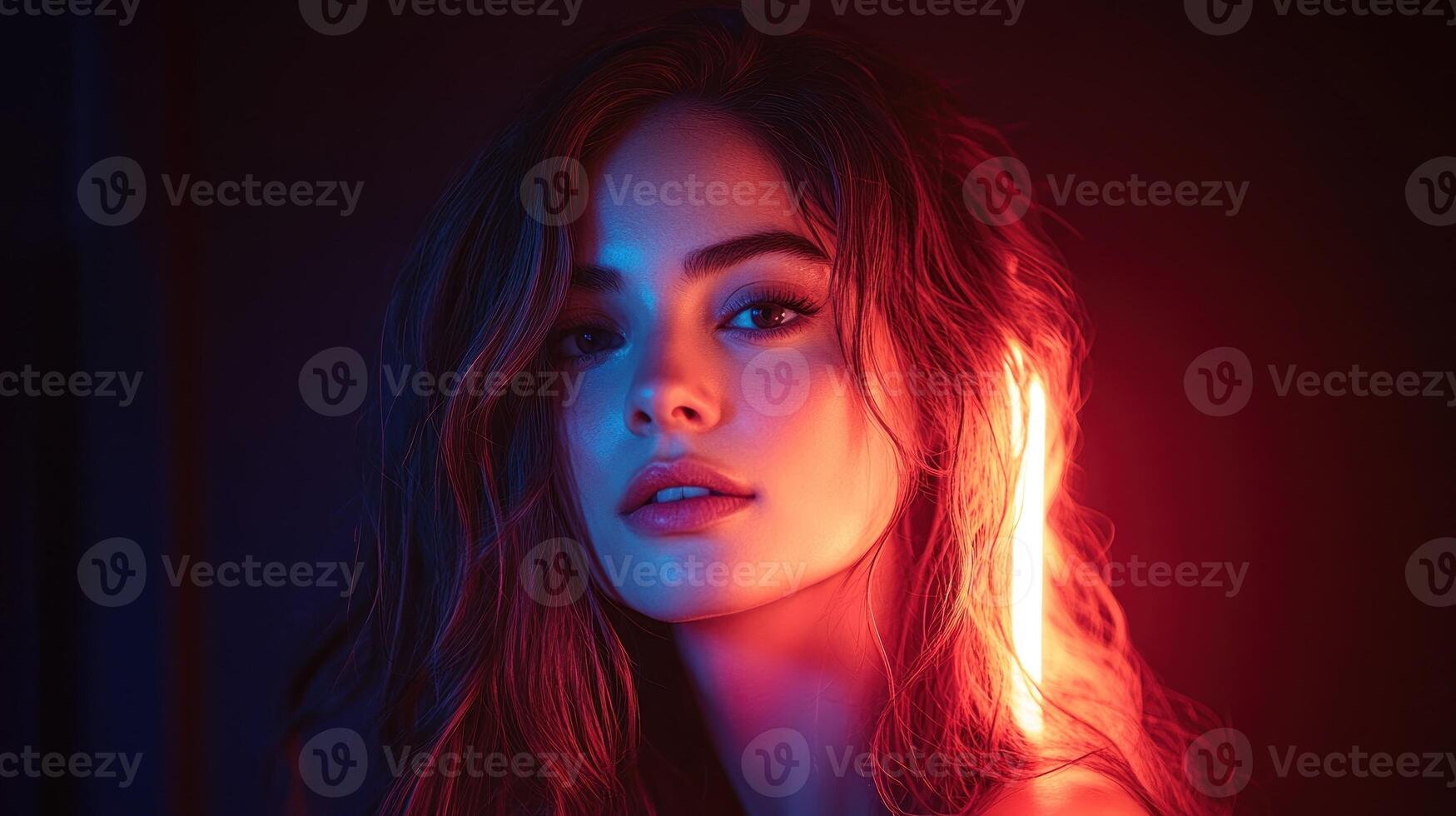 Captivating portrait of a woman illuminated by colorful lights in a dark environment photo