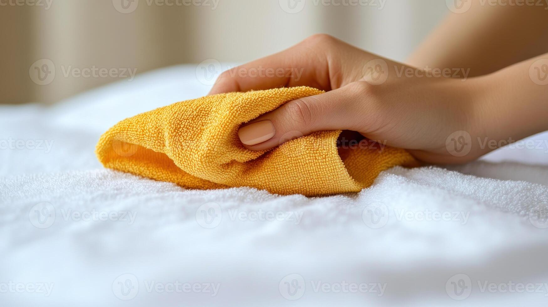 Wiping a clean surface with a cheerful yellow cloth in a cozy, well-lit room photo