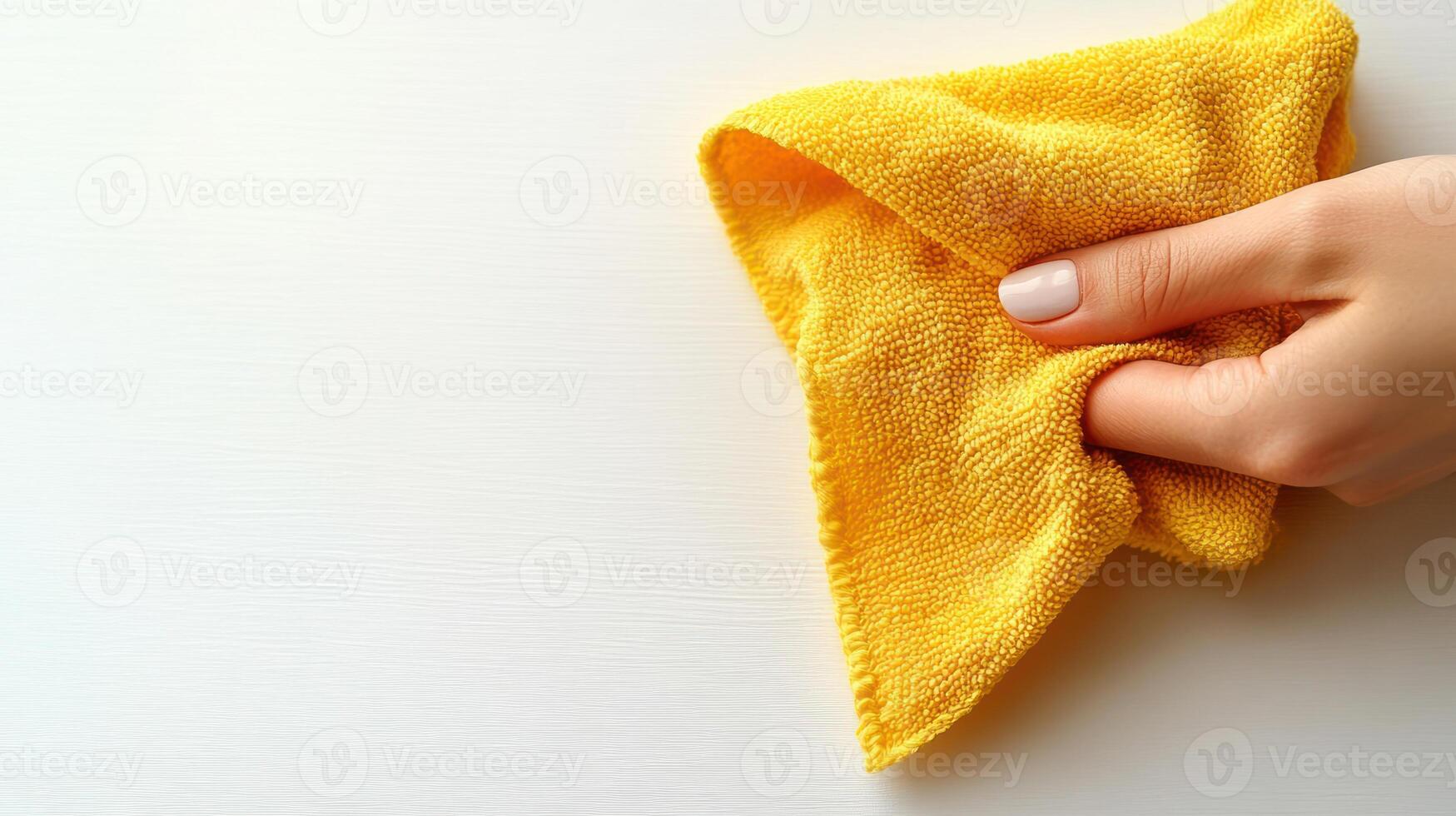 Bright yellow cloth in hand diligently cleaning a smooth white surface at home photo