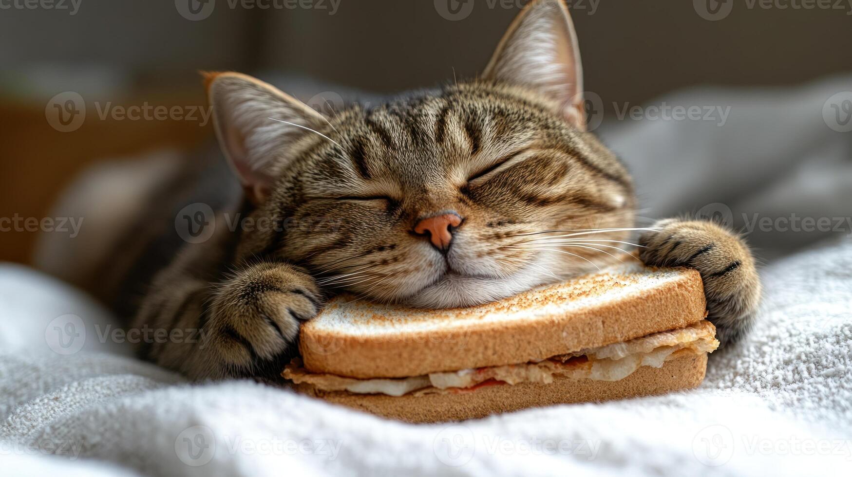 Happy cat dreaming with a sandwich on a cozy bed during a sunny afternoon photo
